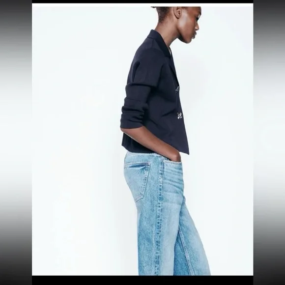 NWT Zara Flower Button Knit Cardigan Blazer Sweater in Navy Blue size Medium - Picture 7 of 12